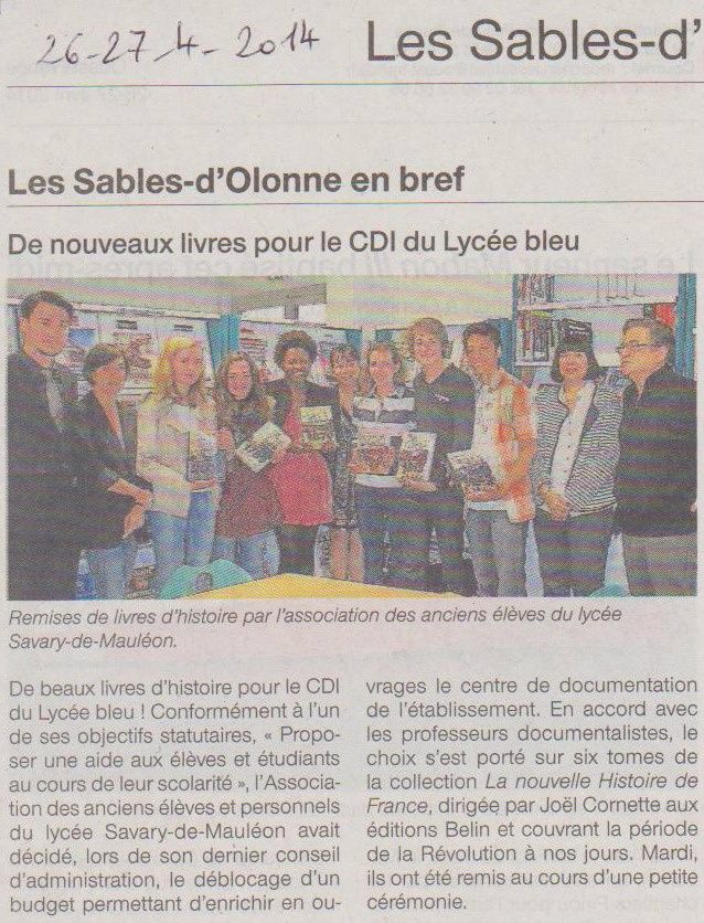 Ouest-France du 26 avril 2014 pour la remise d'ouvrages au CDI